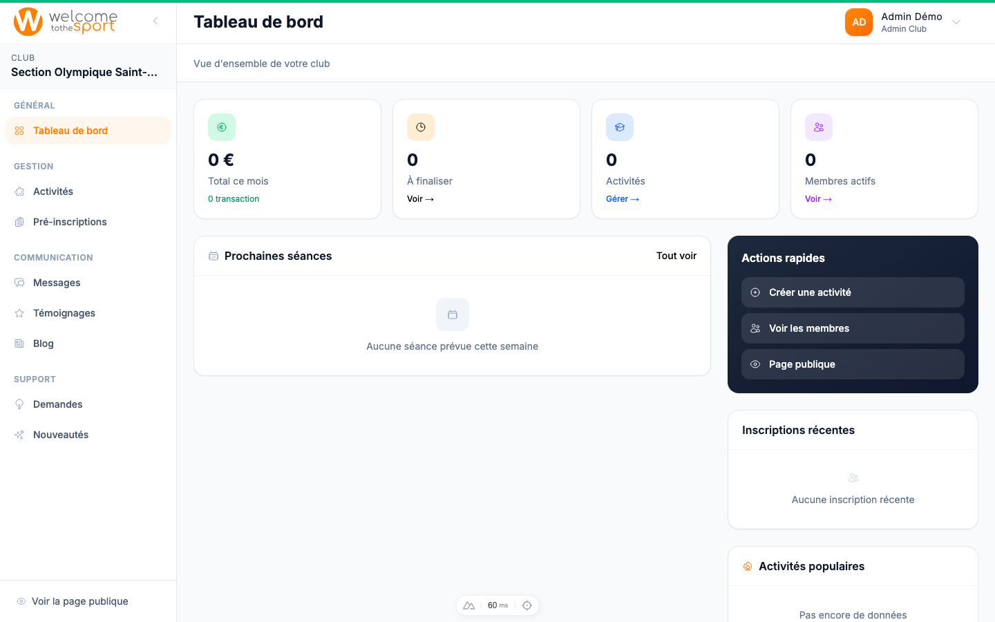 Tableau de bord admin WTTS pour clubs sportifs