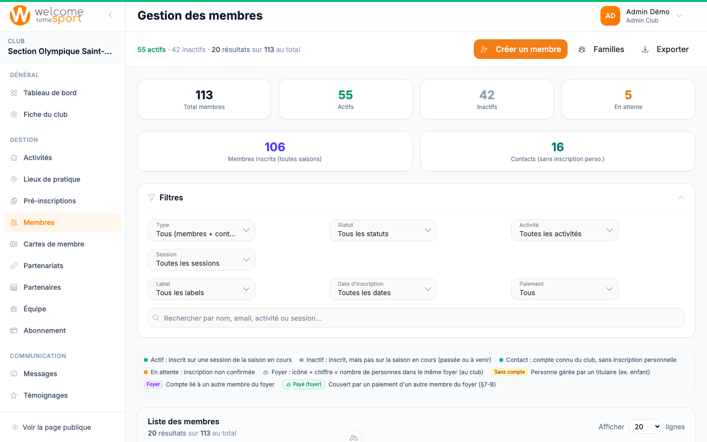 Liste des membres et inscriptions dans l’admin WTTS