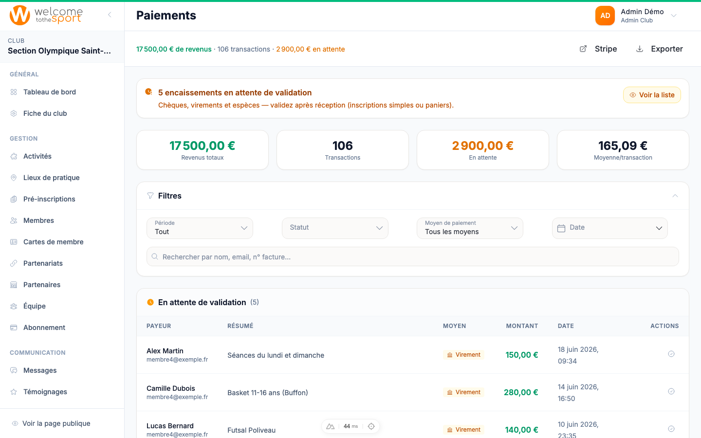 Suivi des paiements club dans WTTS